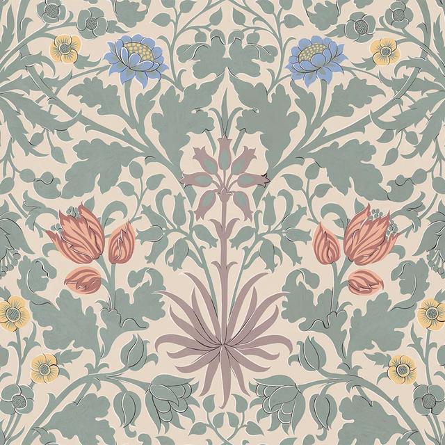 Pale cream botanical wallpaper with sage leaves, blue flowers and coral tulips