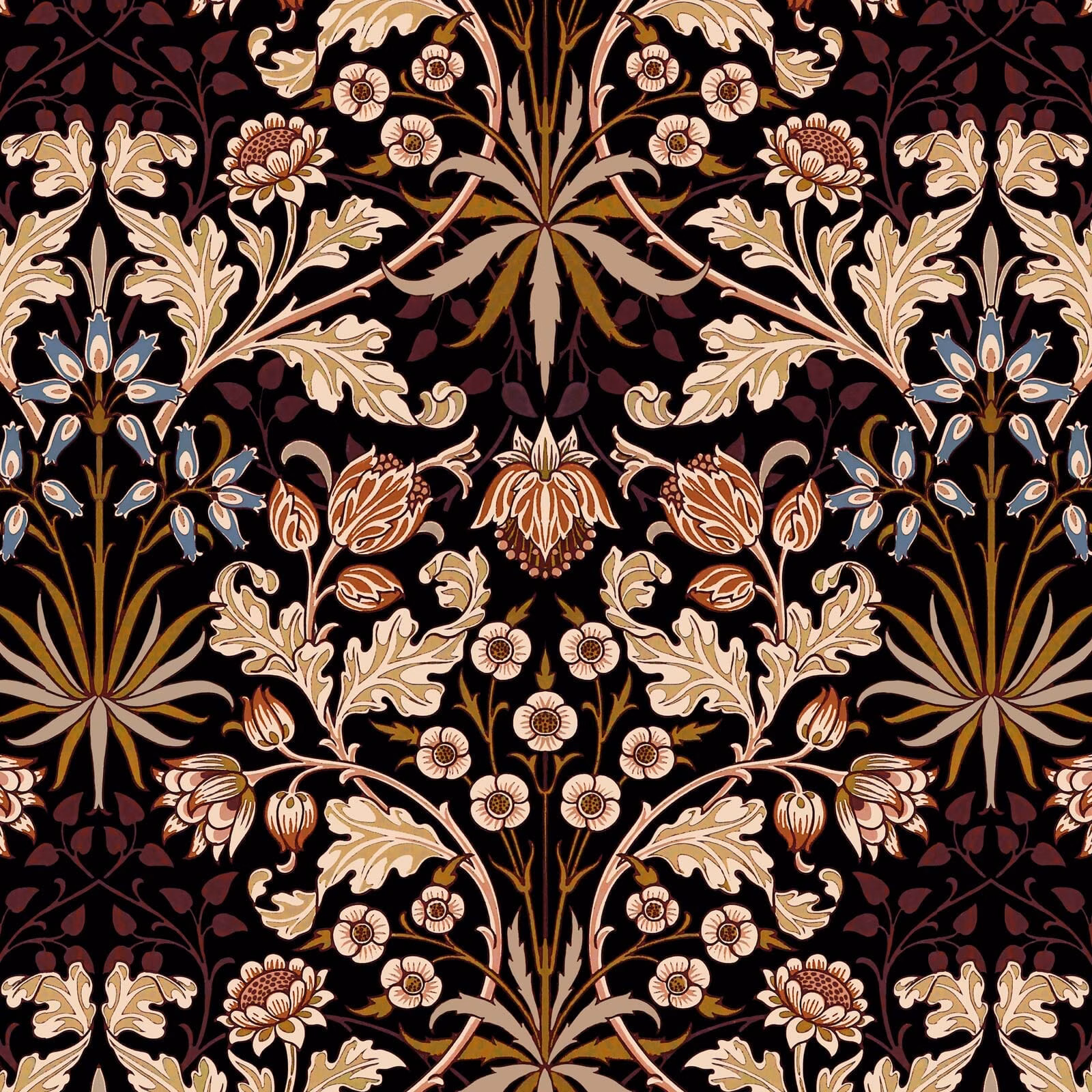 Black wallpaper with mirrored cream, rust and blue botanical foliage