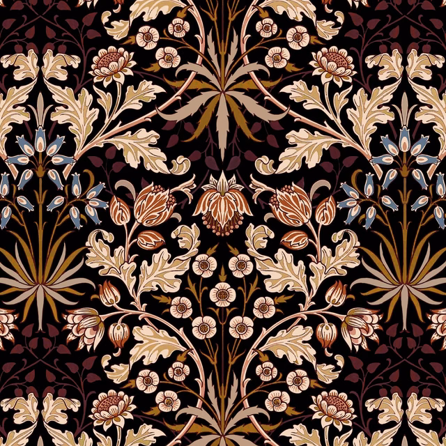 Black wallpaper with mirrored cream, rust and blue botanical foliage