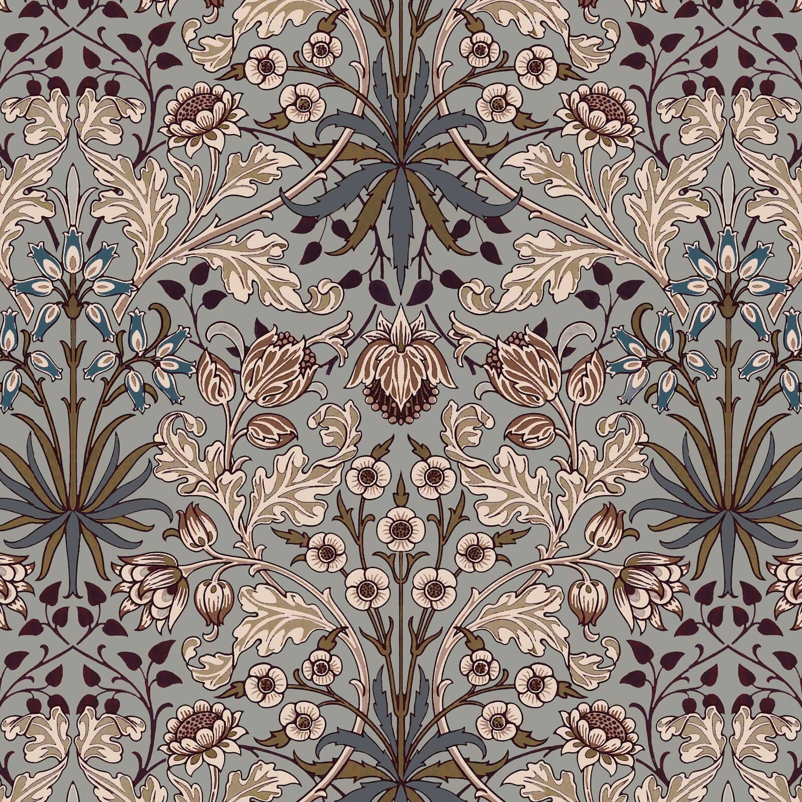 Dove grey wallpaper with mirrored acanthus leaves, flowers, blue-grey stems and burgundy buds