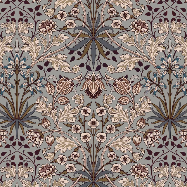 Dove grey wallpaper with mirrored acanthus leaves, flowers, blue-grey stems and burgundy buds