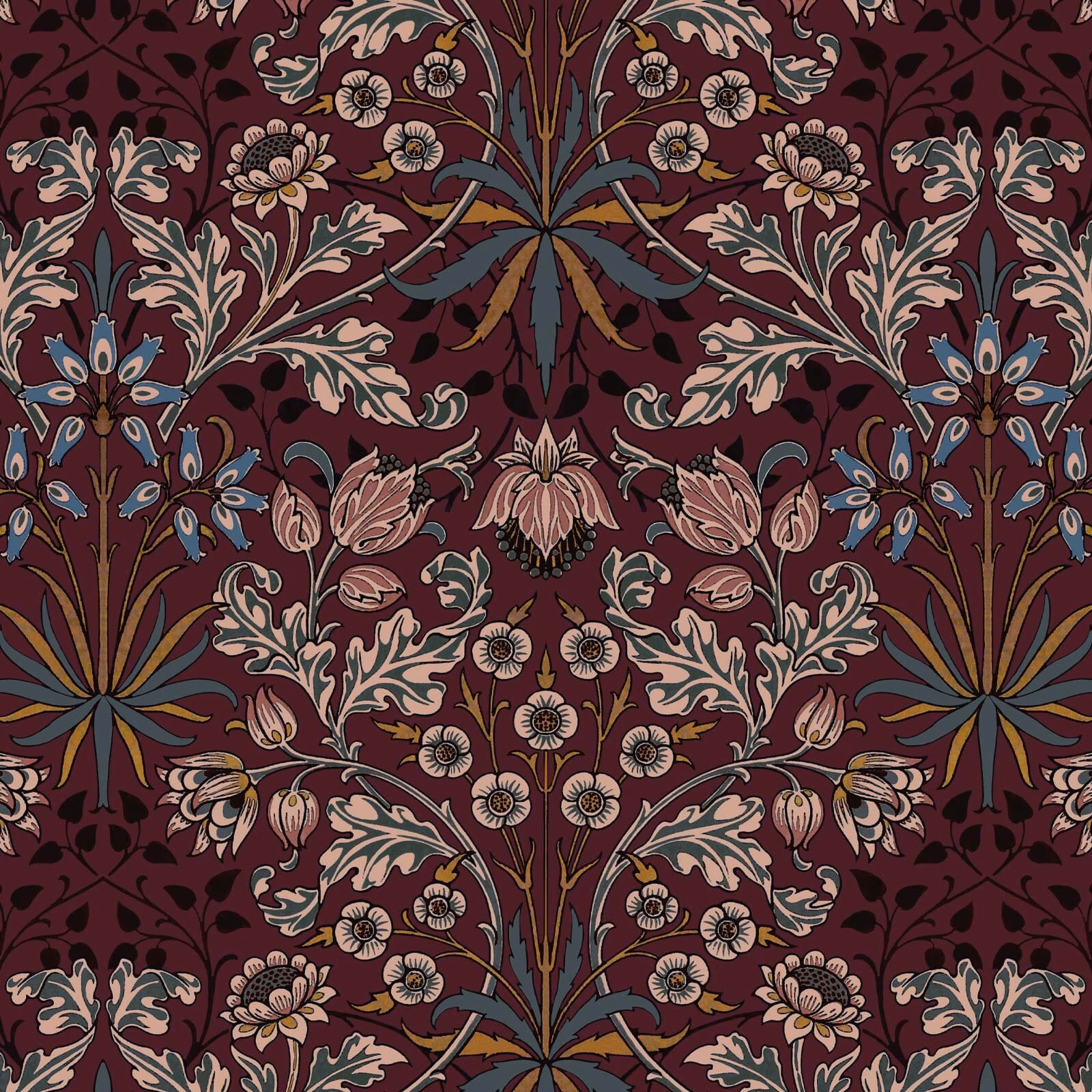 Mulberry wallpaper with mirrored floral stems, blush blooms and blue-grey leaves