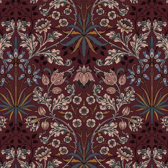 Mulberry wallpaper with mirrored floral stems, blush blooms and blue-grey leaves