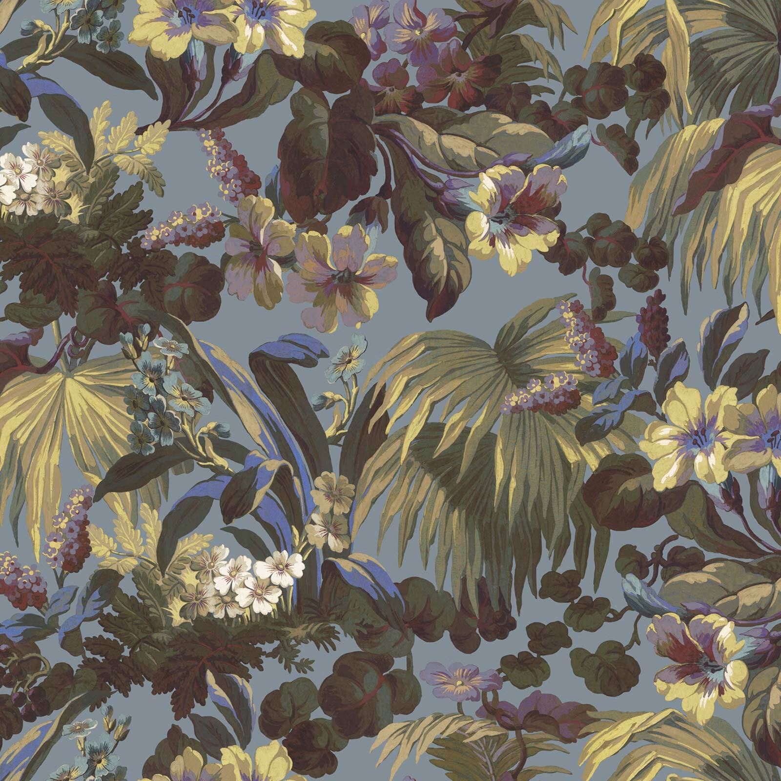 Dense indigo botanical wallpaper with ochre leaves, plum flowers and trailing berries