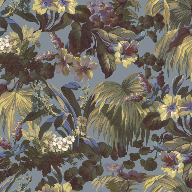 Dense indigo botanical wallpaper with ochre leaves, plum flowers and trailing berries