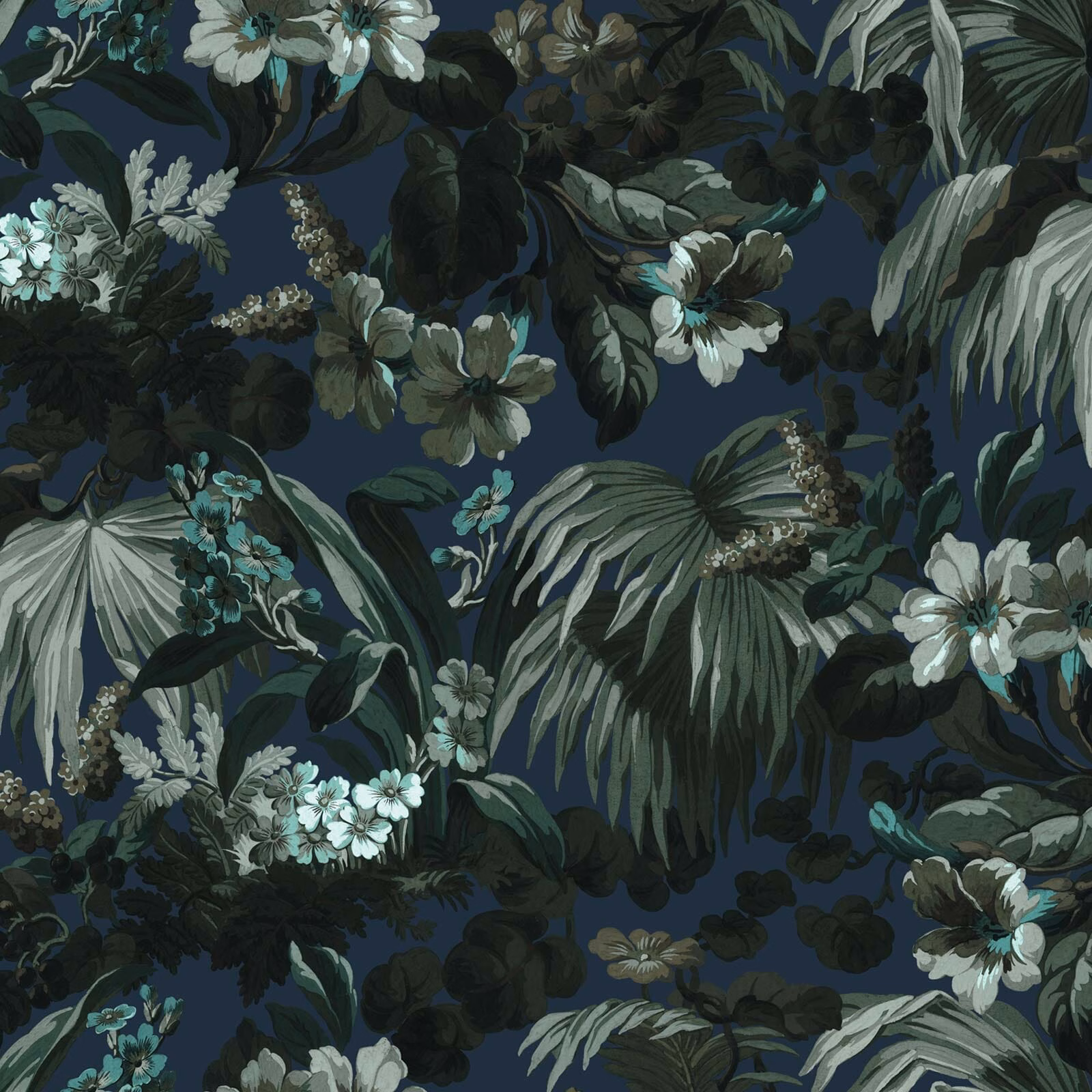 Ink-blue botanical wallpaper with pale flowers, palm fronds and layered dark green foliage