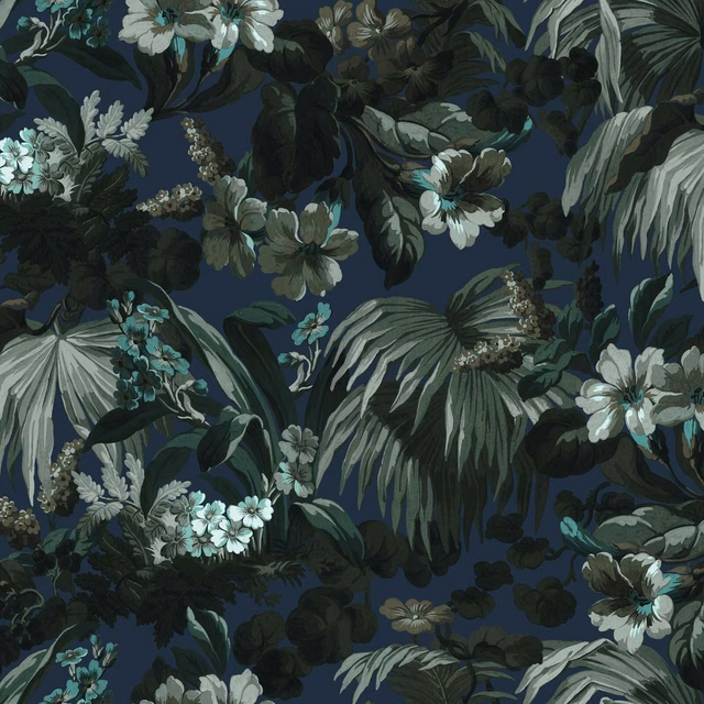 Ink-blue botanical wallpaper with pale flowers, palm fronds and layered dark green foliage