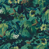 Dense malachite-green tropical foliage with coral, cream and yellow flowers