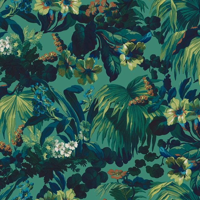 Dense malachite-green tropical foliage with coral, cream and yellow flowers