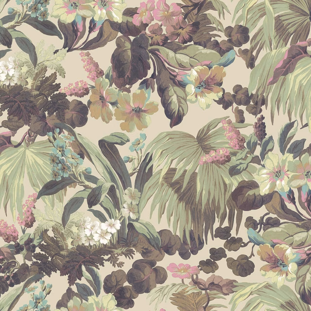 Papyrus wallpaper with muted palm leaves, blush flowers and charcoal botanical clusters