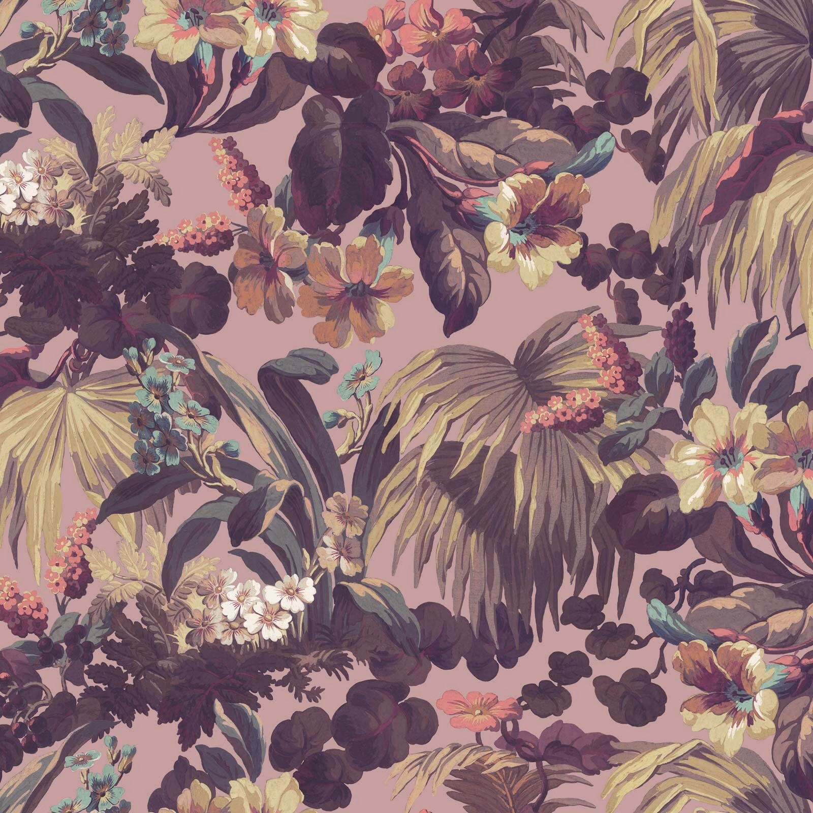 Dusty rose wallpaper with plum botanicals, olive palm leaves and blush flowers