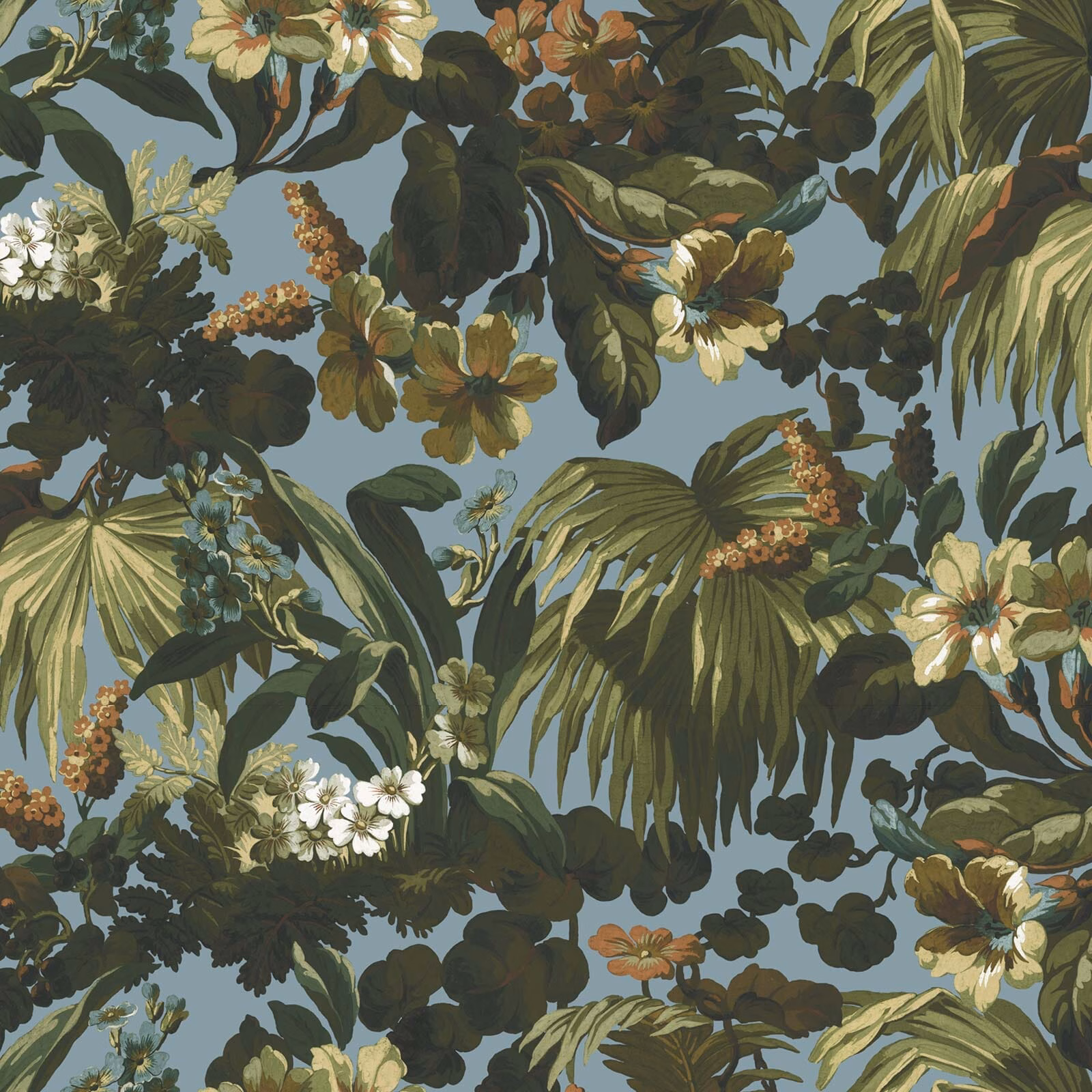 Dense tropical foliage and cream flowers on a muted sky-blue botanical wallpaper ground