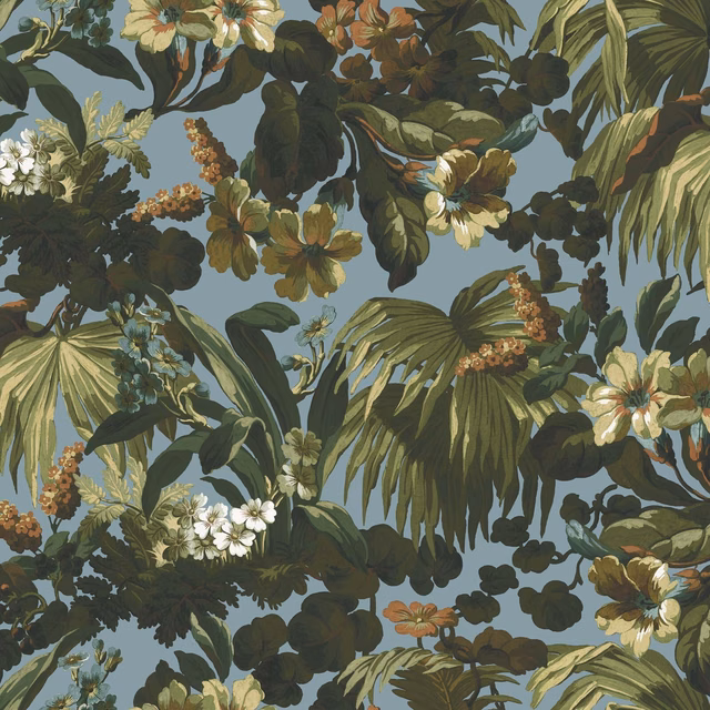 Dense tropical foliage and cream flowers on a muted sky-blue botanical wallpaper ground
