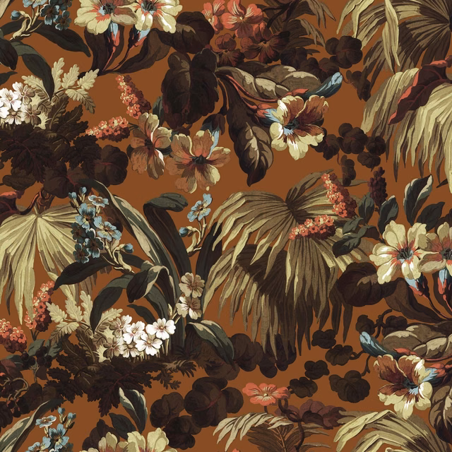 Tobacco wallpaper with oversized tropical flowers, palms and dark leafy silhouettes