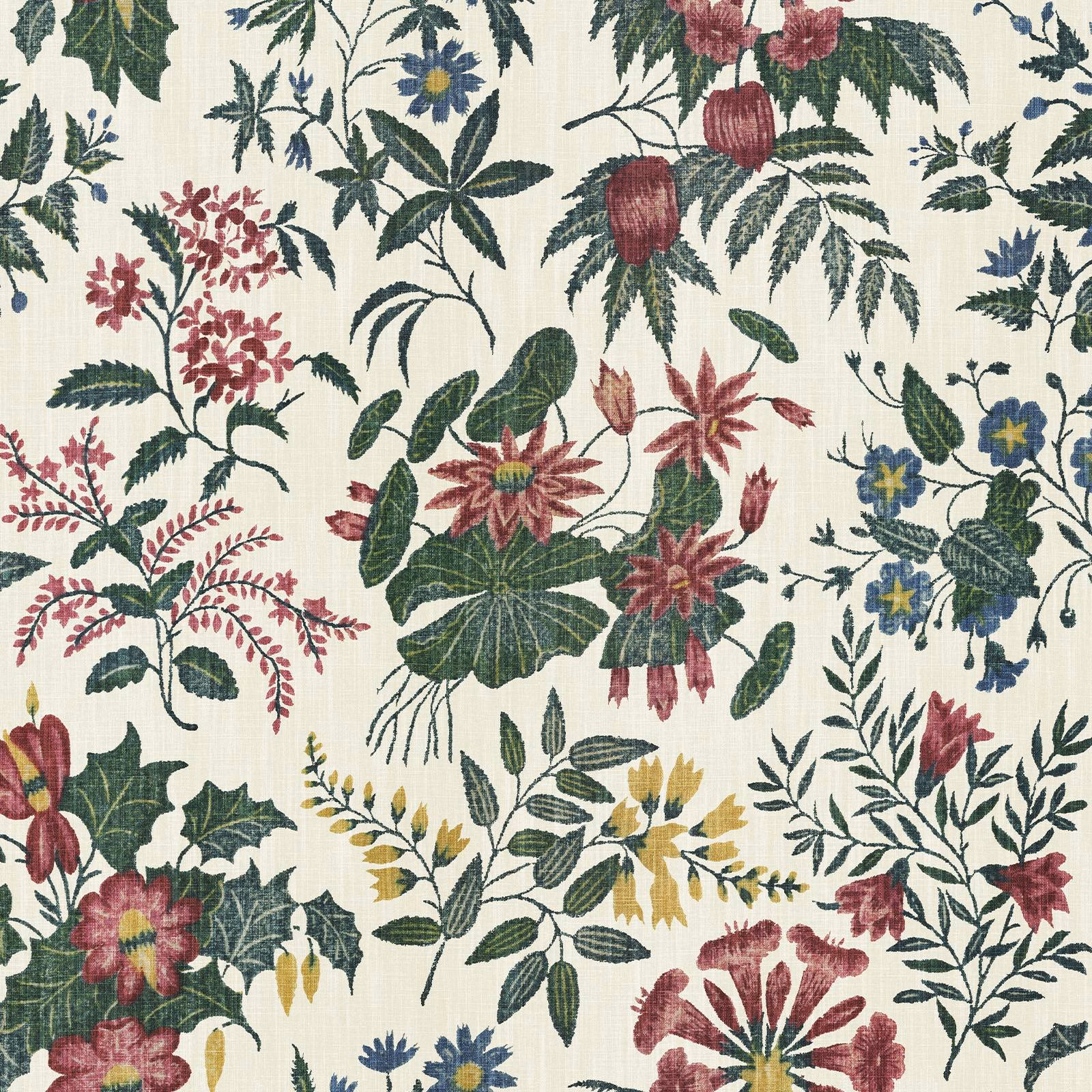 Cream botanical wallpaper with burgundy blooms, deep green leaves, blue flowers and yellow accents