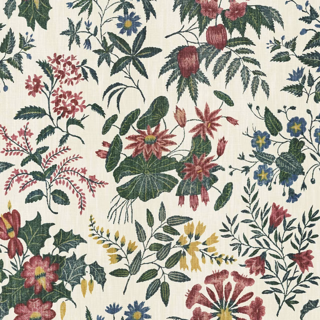 Cream botanical wallpaper with burgundy blooms, deep green leaves, blue flowers and yellow accents