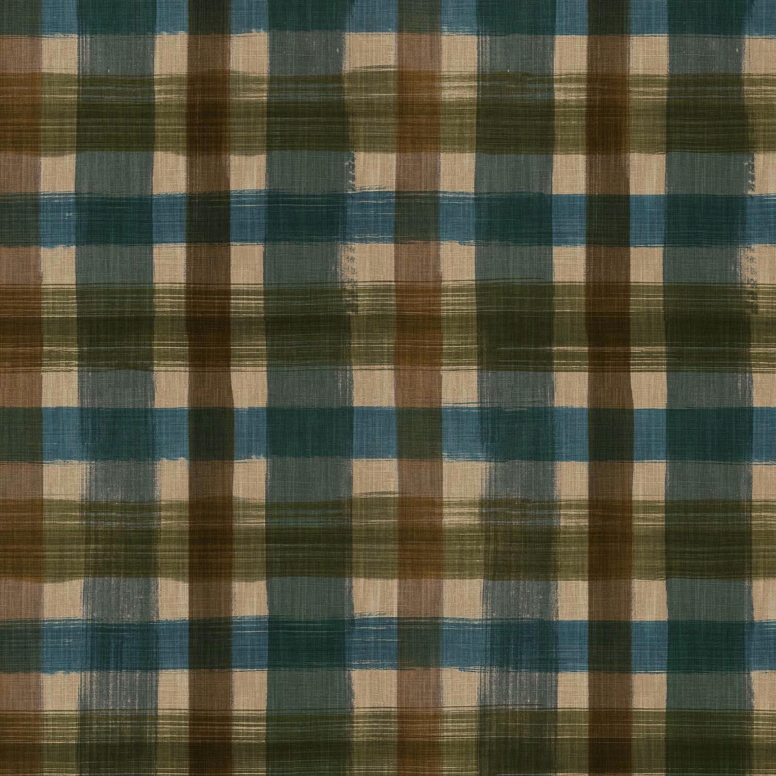 Cerulean blue, olive and khaki wallpaper with broad irregular checked bands