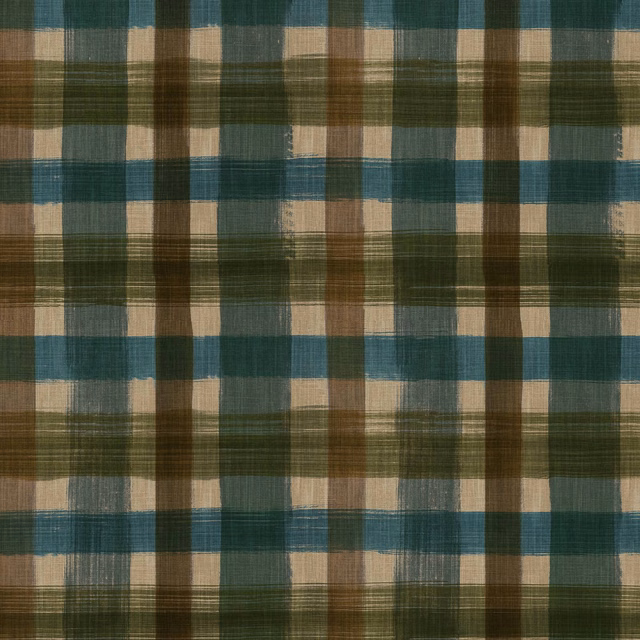 Cerulean blue, olive and khaki wallpaper with broad irregular checked bands