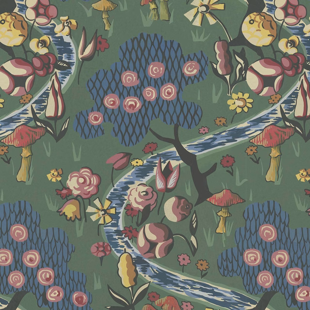 Nephrite green wallpaper with blue streams, pink blooms, mushrooms and woodland motifs