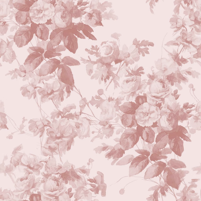 Blush wallpaper with painterly rose bouquets, mauve leaves and pale pink ground