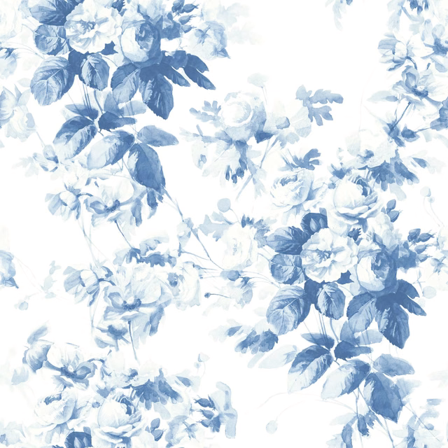 Blue-and-white rose sprays with indigo leaves on a pale ground