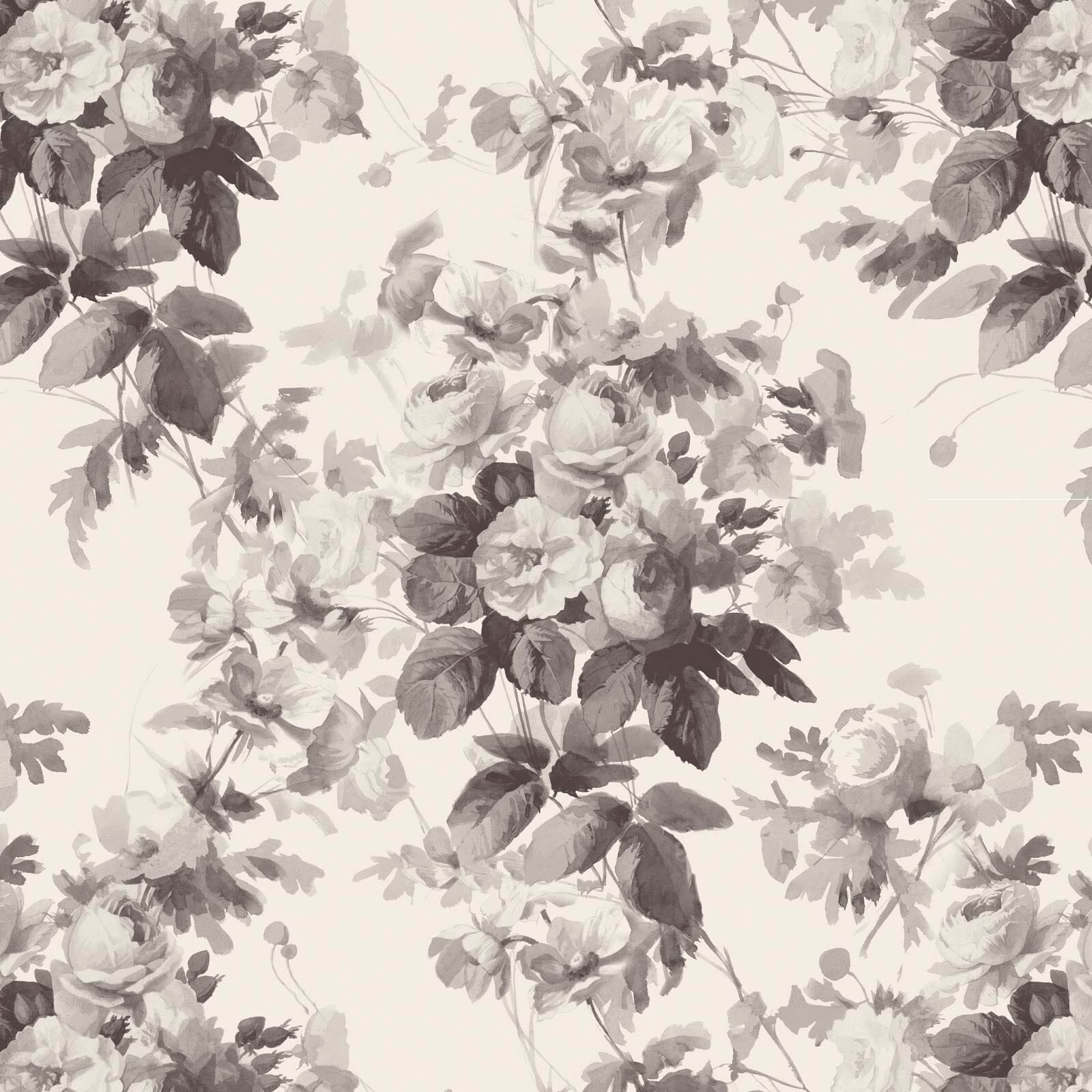 Smoke grey rose and leafy floral wallpaper on a soft cream background