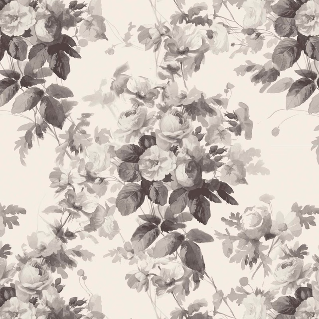 Smoke grey rose and leafy floral wallpaper on a soft cream background