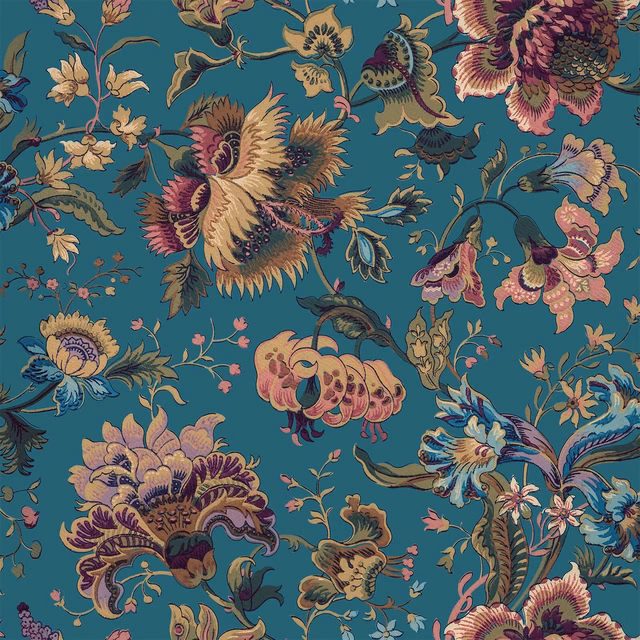 Deep azure-teal wallpaper with oversized pink, ochre and blue botanical flowers and birds