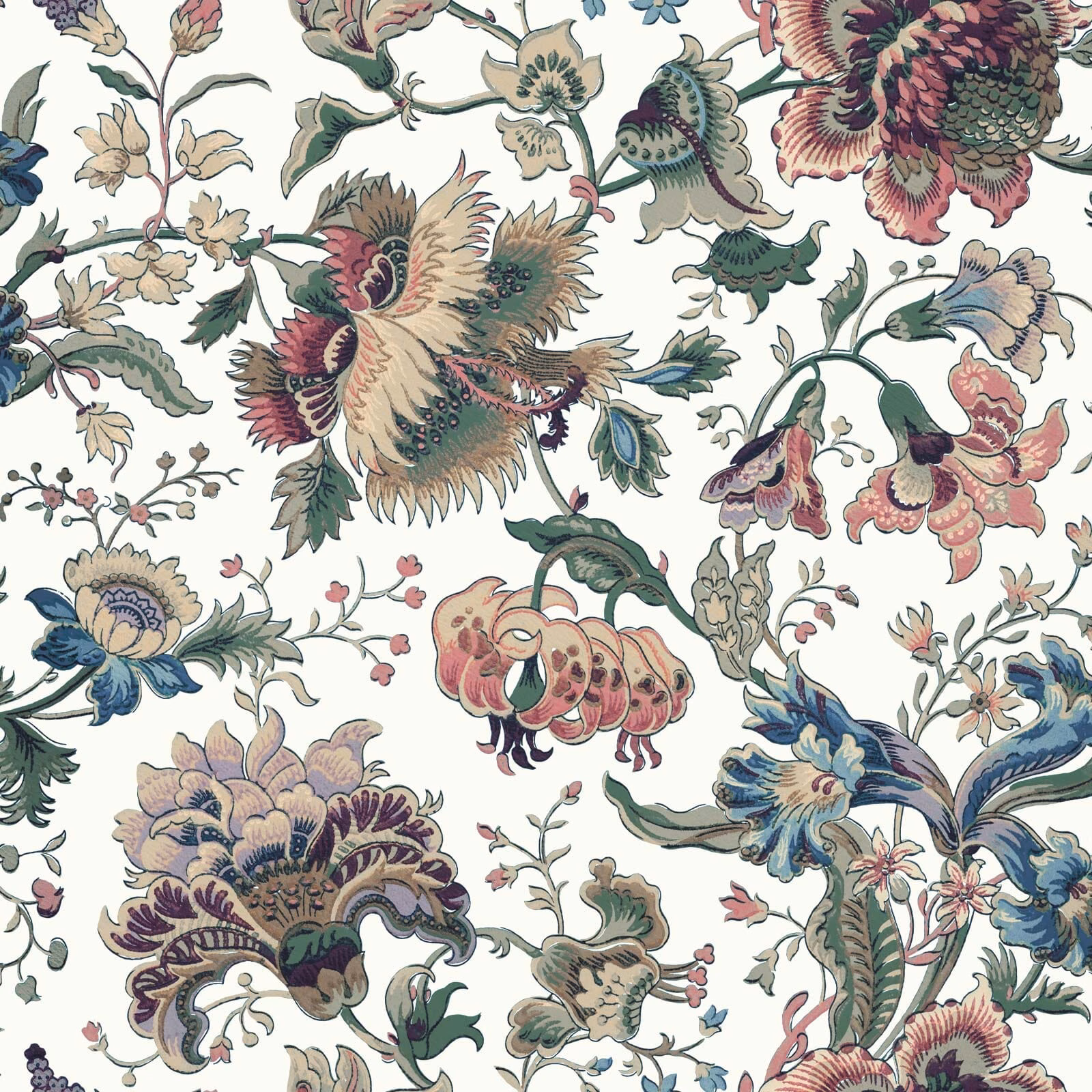 Ecru wallpaper with oversized muted blue, pink and plum botanical flowers