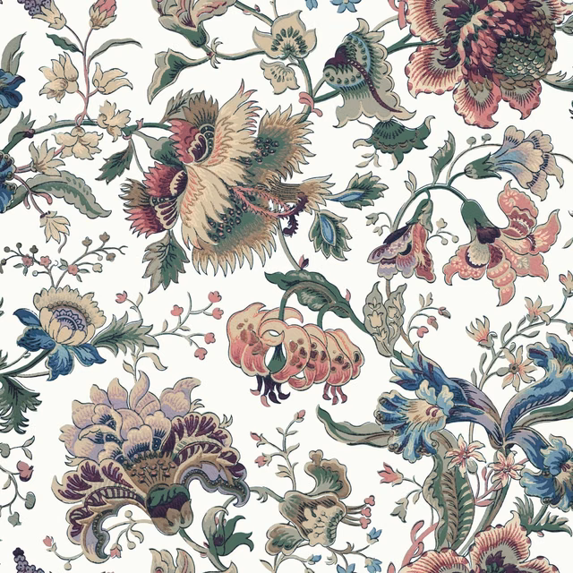 Ecru wallpaper with oversized muted blue, pink and plum botanical flowers