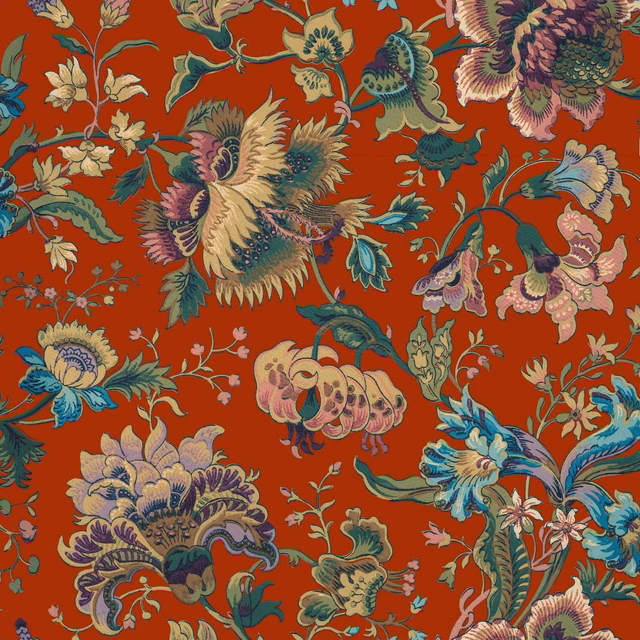Henna-red wallpaper with ornate teal birds, flowers and trailing foliage