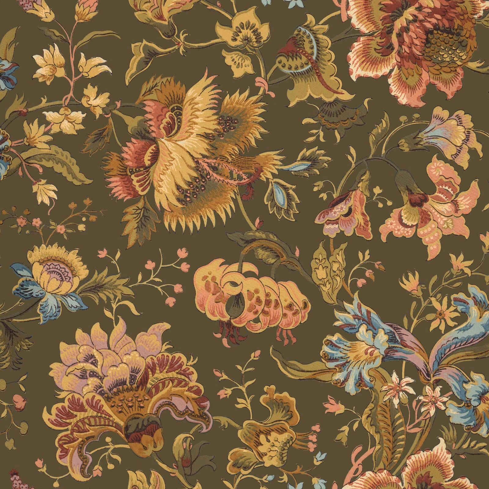 Moss green wallpaper with oversized ochre florals, birds and curling botanical stems