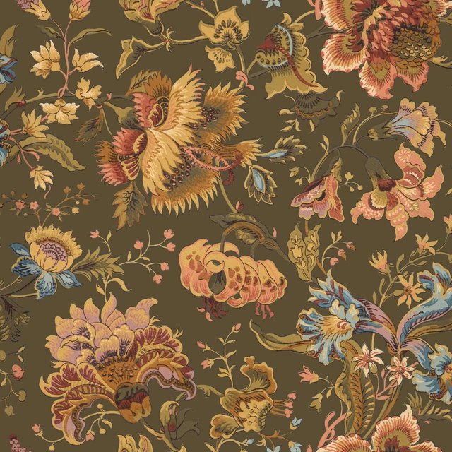 Moss green wallpaper with oversized ochre florals, birds and curling botanical stems