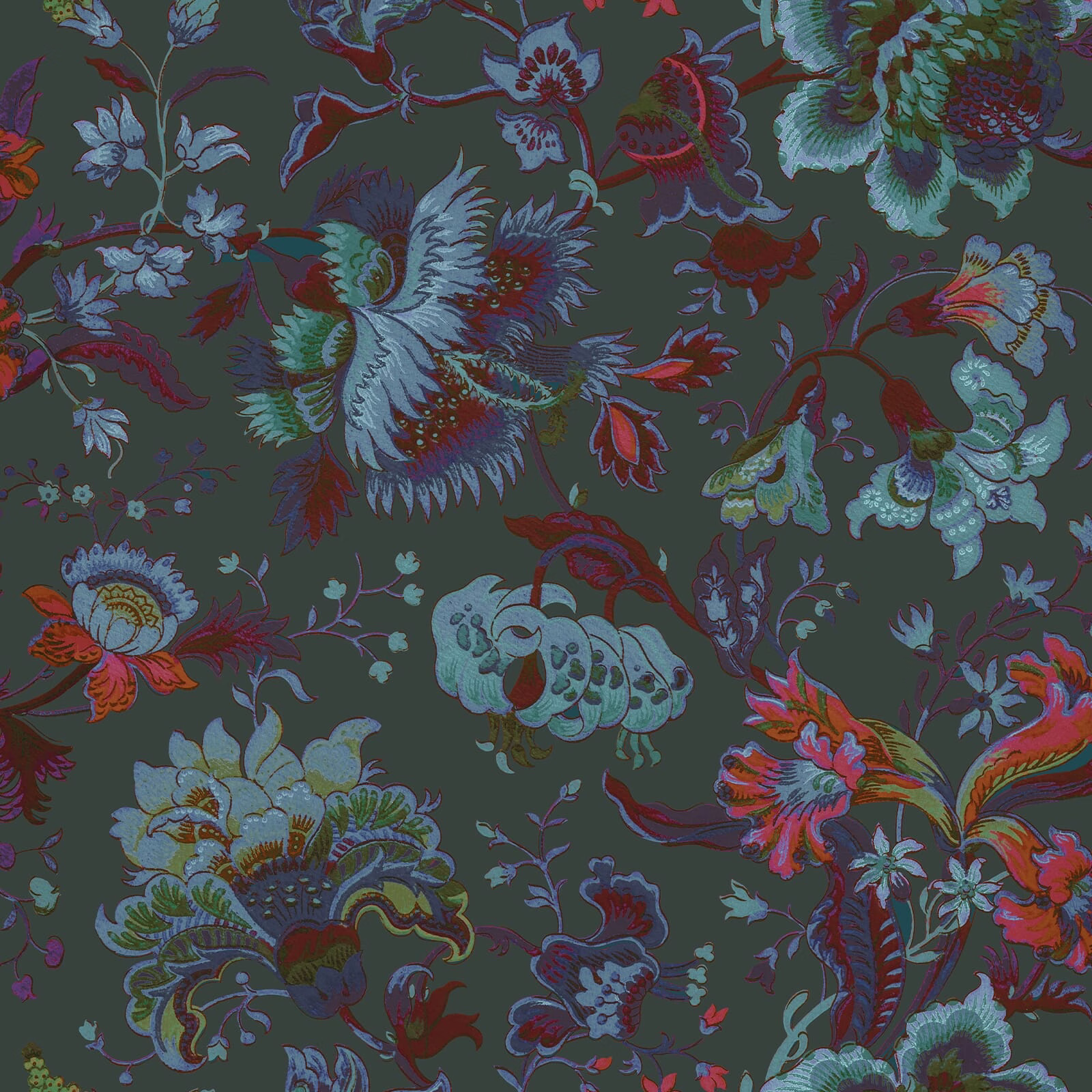 Deep petrol wallpaper with layered blue, turquoise, burgundy and coral floral motifs