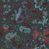 Deep petrol wallpaper with layered blue, turquoise, burgundy and coral floral motifs