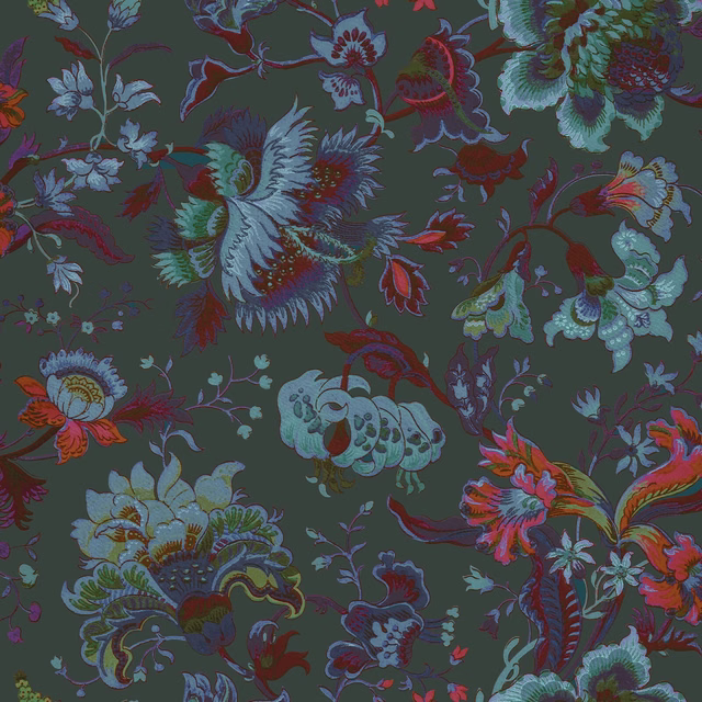 Deep petrol wallpaper with layered blue, turquoise, burgundy and coral floral motifs