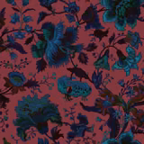 Dusky raspberry pink wallpaper with dense teal, blue and ink botanical blooms.
