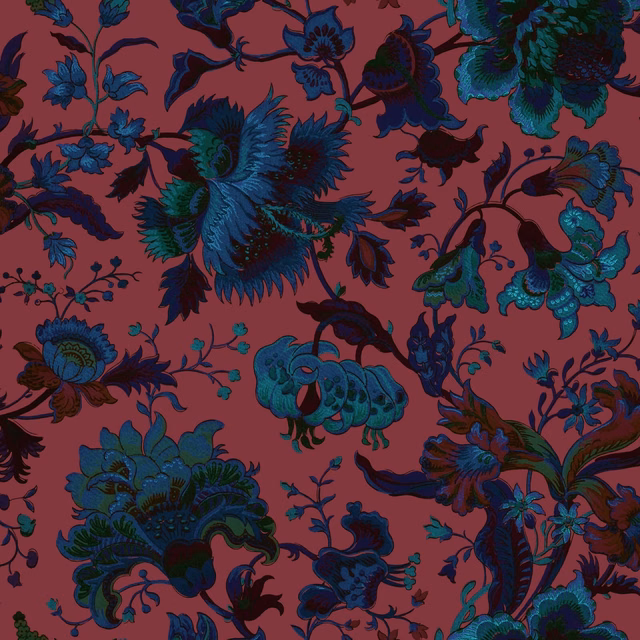 Dusky raspberry pink wallpaper with dense teal, blue and ink botanical blooms.