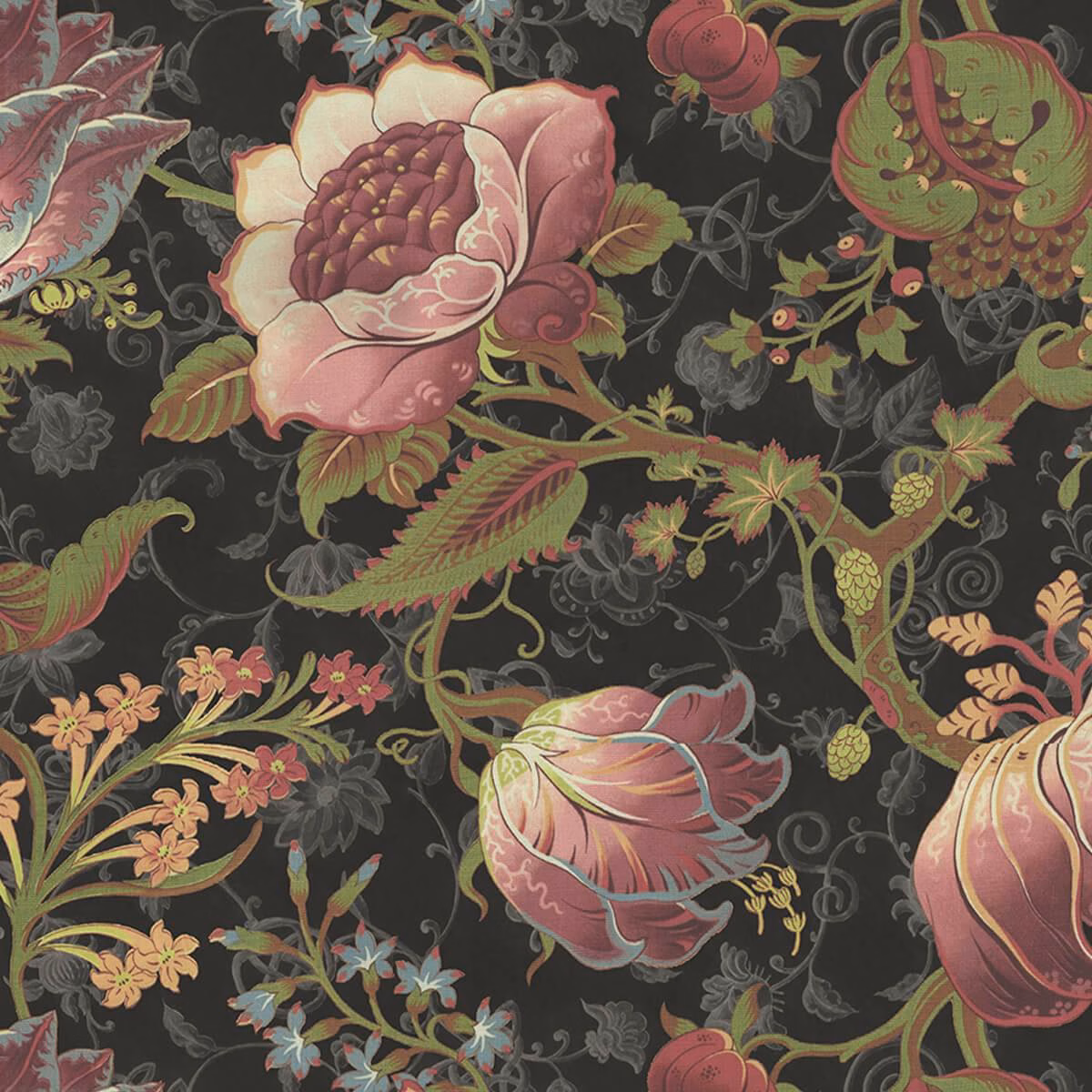 Charcoal wallpaper with a blush peony, rose blooms, olive leaves and curling vines