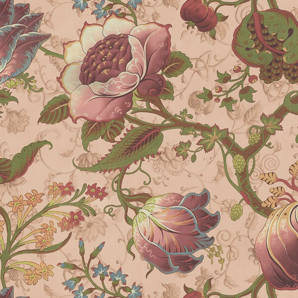 Blush botanical wallpaper with burgundy flowers, olive leaves and curling green stems