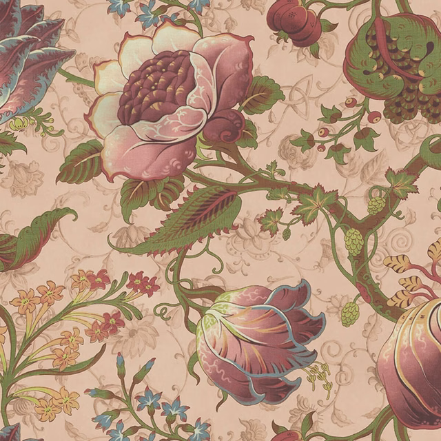 Blush botanical wallpaper with burgundy flowers, olive leaves and curling green stems