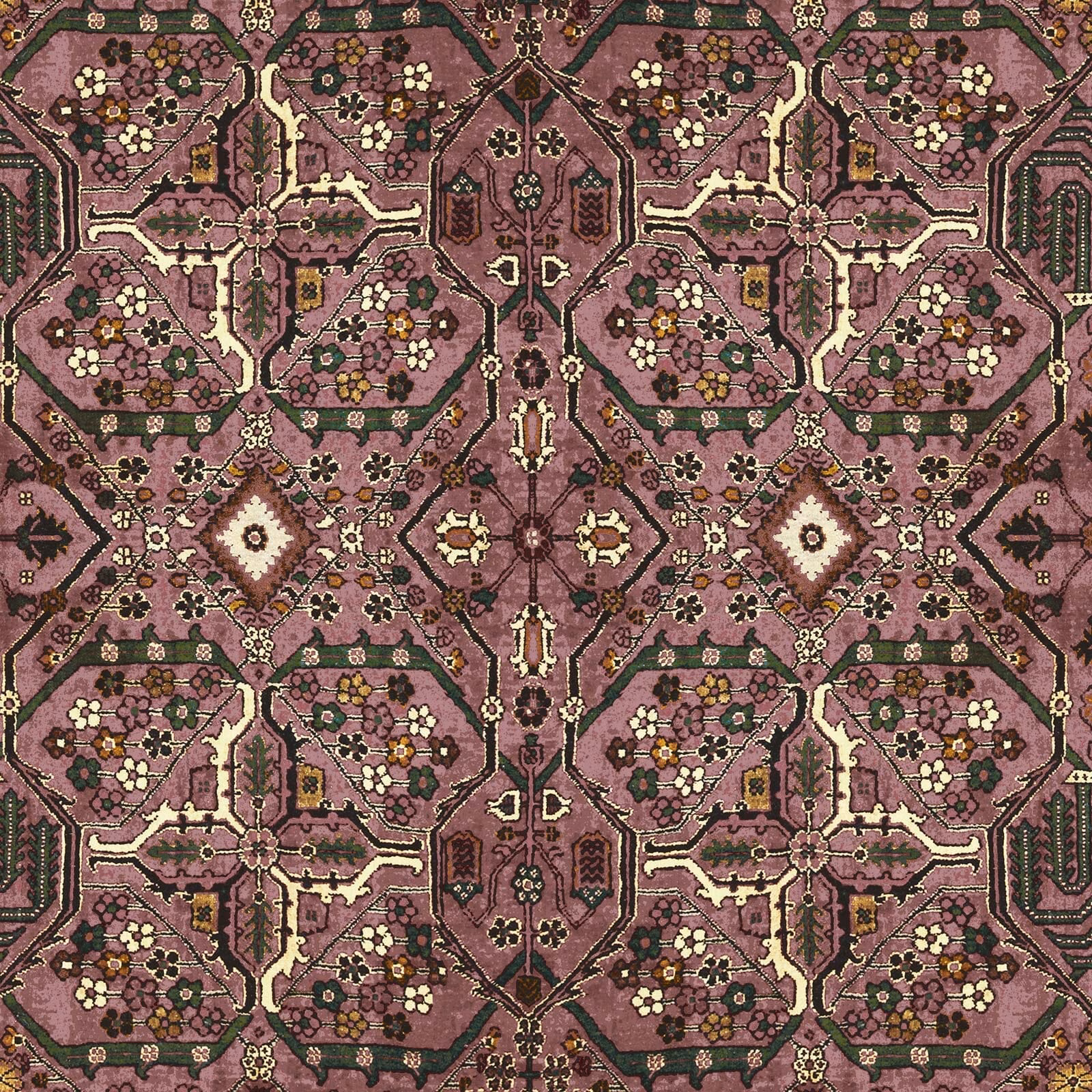 Blush mauve wallpaper with plum geometric panels, tiny flowers, olive details and cream accents