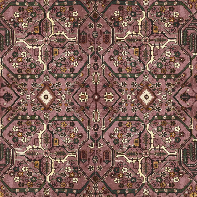 Blush mauve wallpaper with plum geometric panels, tiny flowers, olive details and cream accents