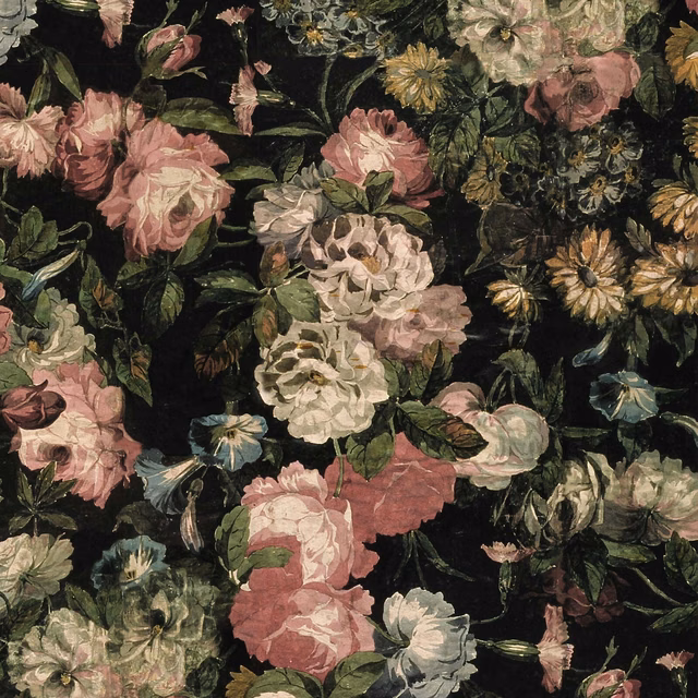 Large painterly pink, cream and ochre flowers scattered across a black botanical wallpaper ground