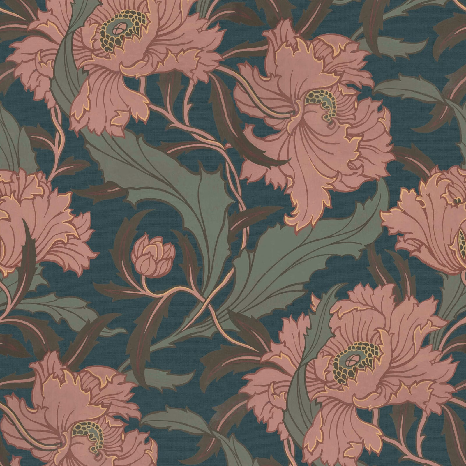 Deep teal wallpaper with dusty pink blooms, sage leaves and curling stems