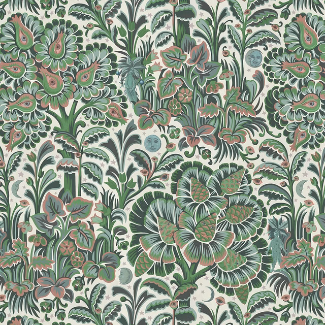 Dense sage botanical wallpaper with coral flowers on a pale mineral ground