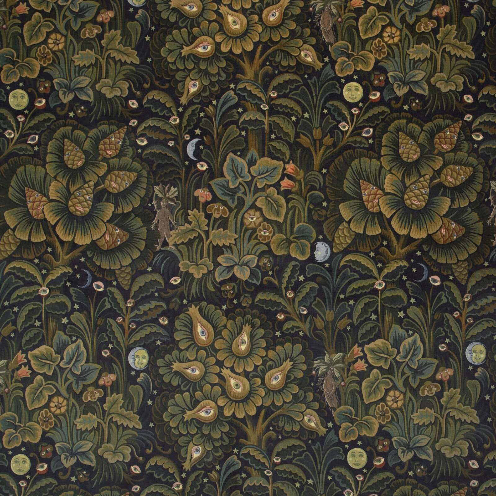Midnight wallpaper with olive leaves, ochre flowers and rust botanical motifs