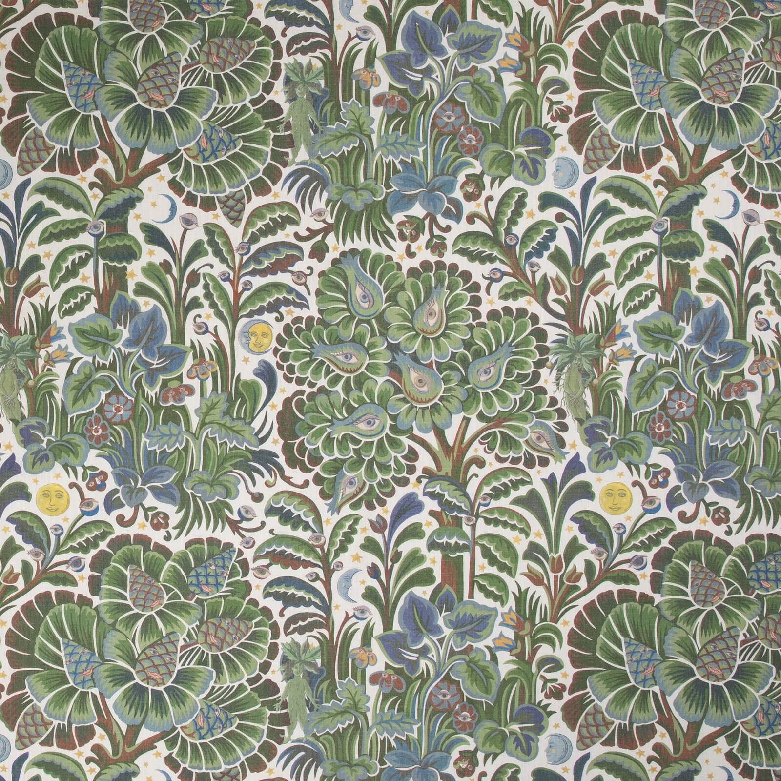 Ornate sage and olive botanical wallpaper with blue flowers on an ivory ground