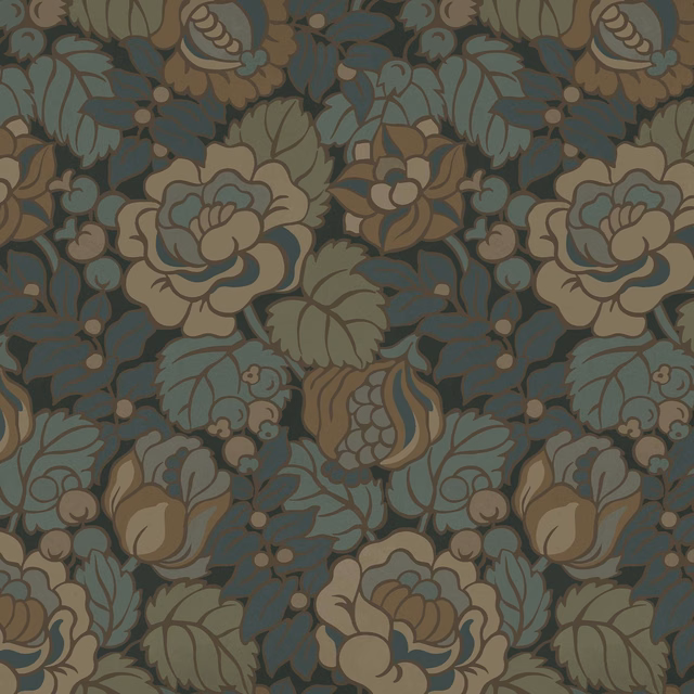 Dense Apatite floral wallpaper with blue-teal ground, olive leaves and taupe blooms