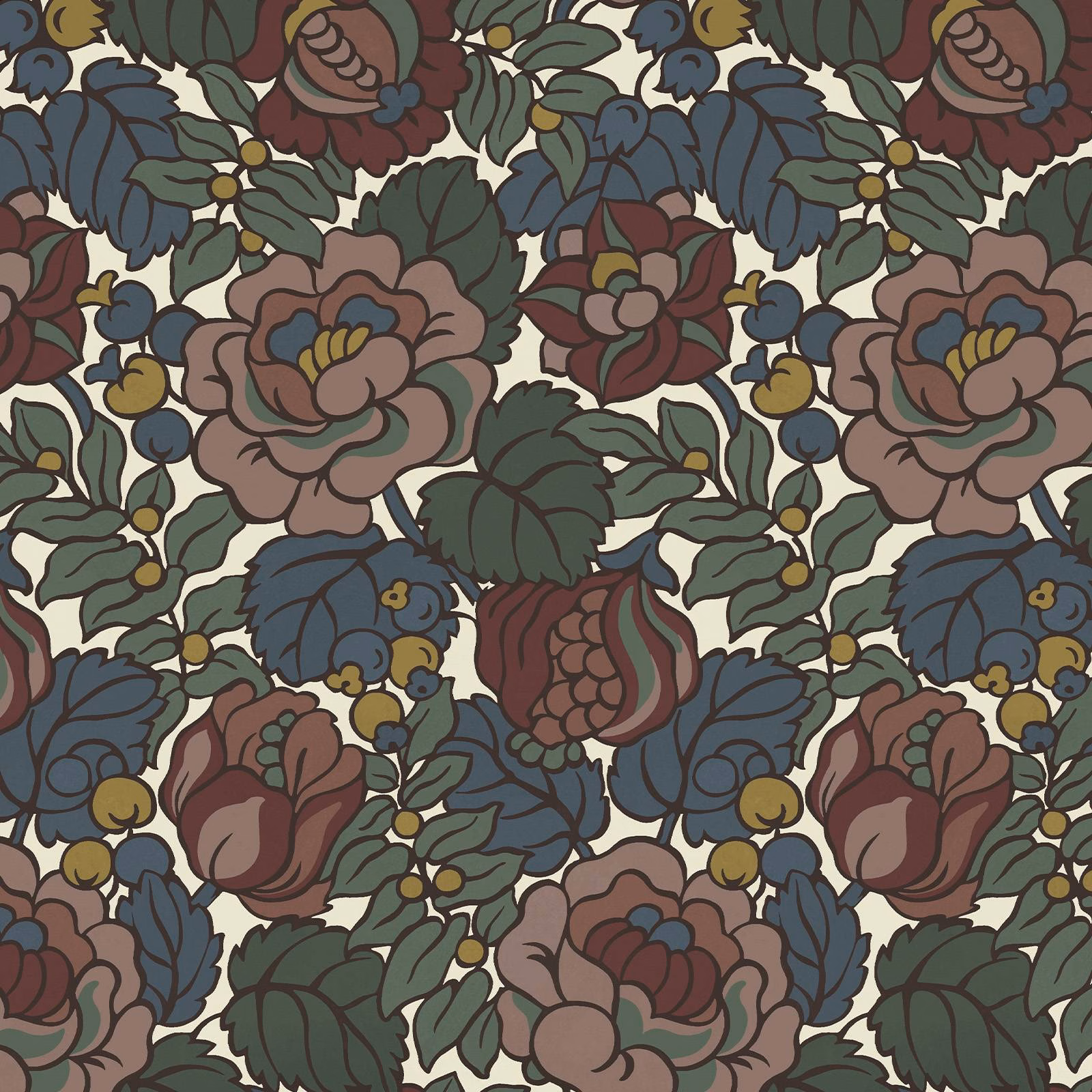 Dense Carnelian floral wallpaper with burgundy blooms, blue leaves and sage foliage.